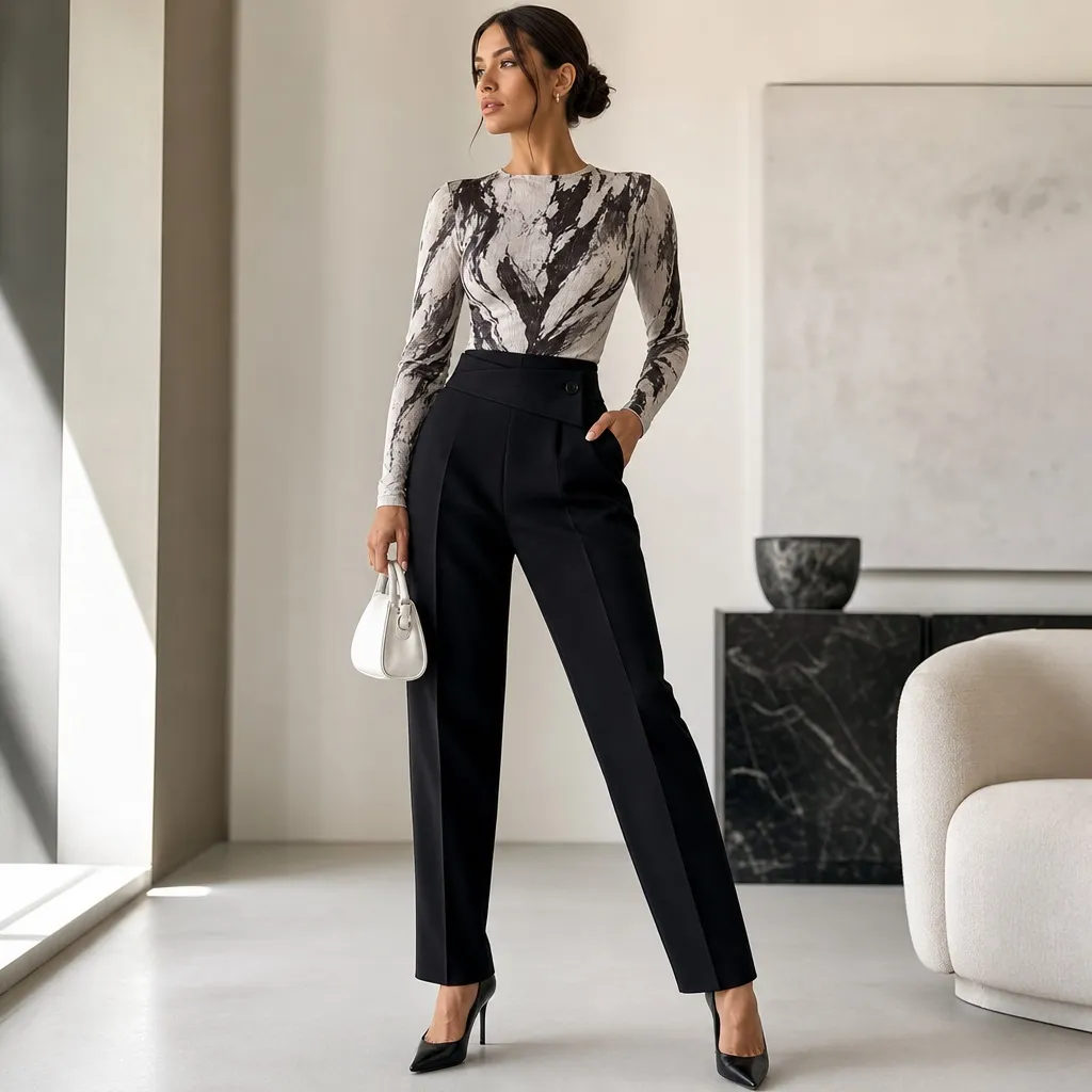 Grey and black abstract marble print long-sleeve top with black tailored straight-leg pants