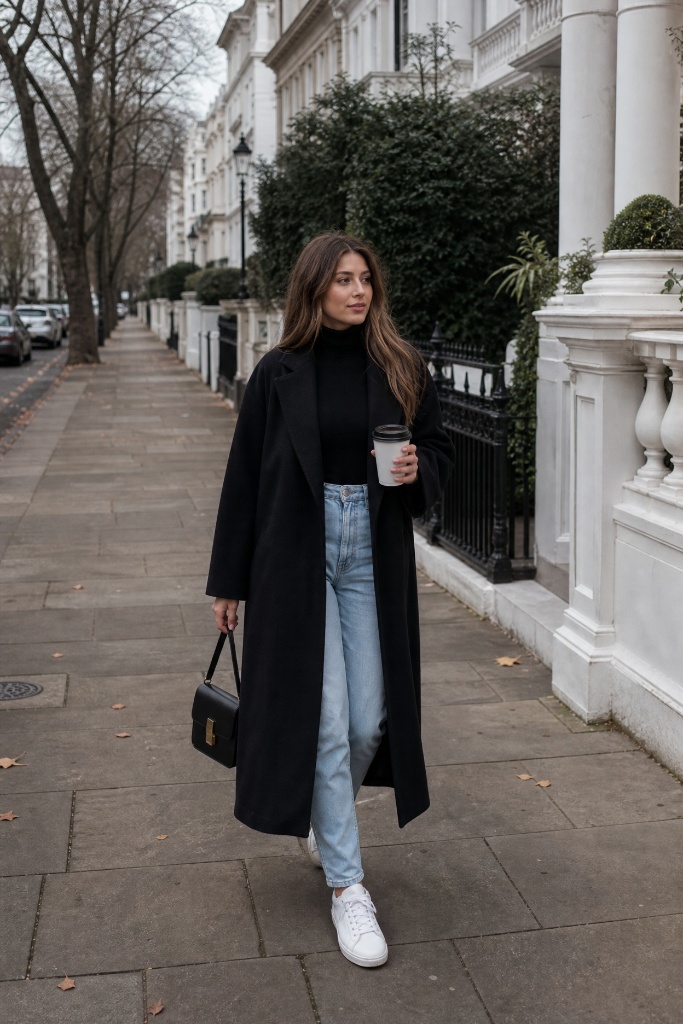 Long black wool coat with turtleneck, light jeans and white sneakers