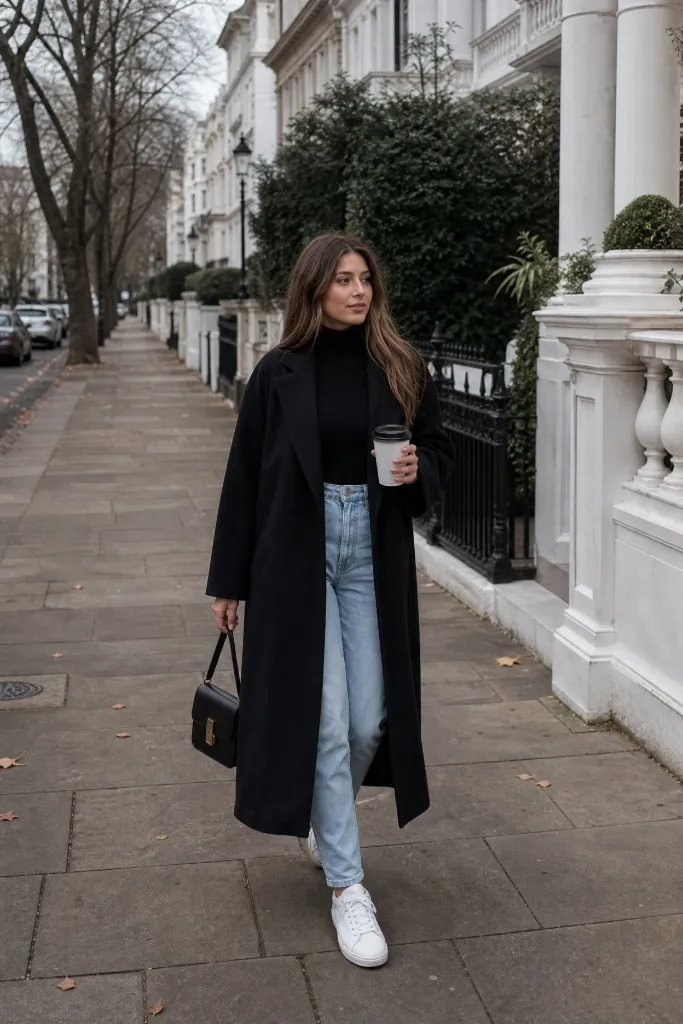 Long black wool coat with turtleneck, light jeans and white sneakers
