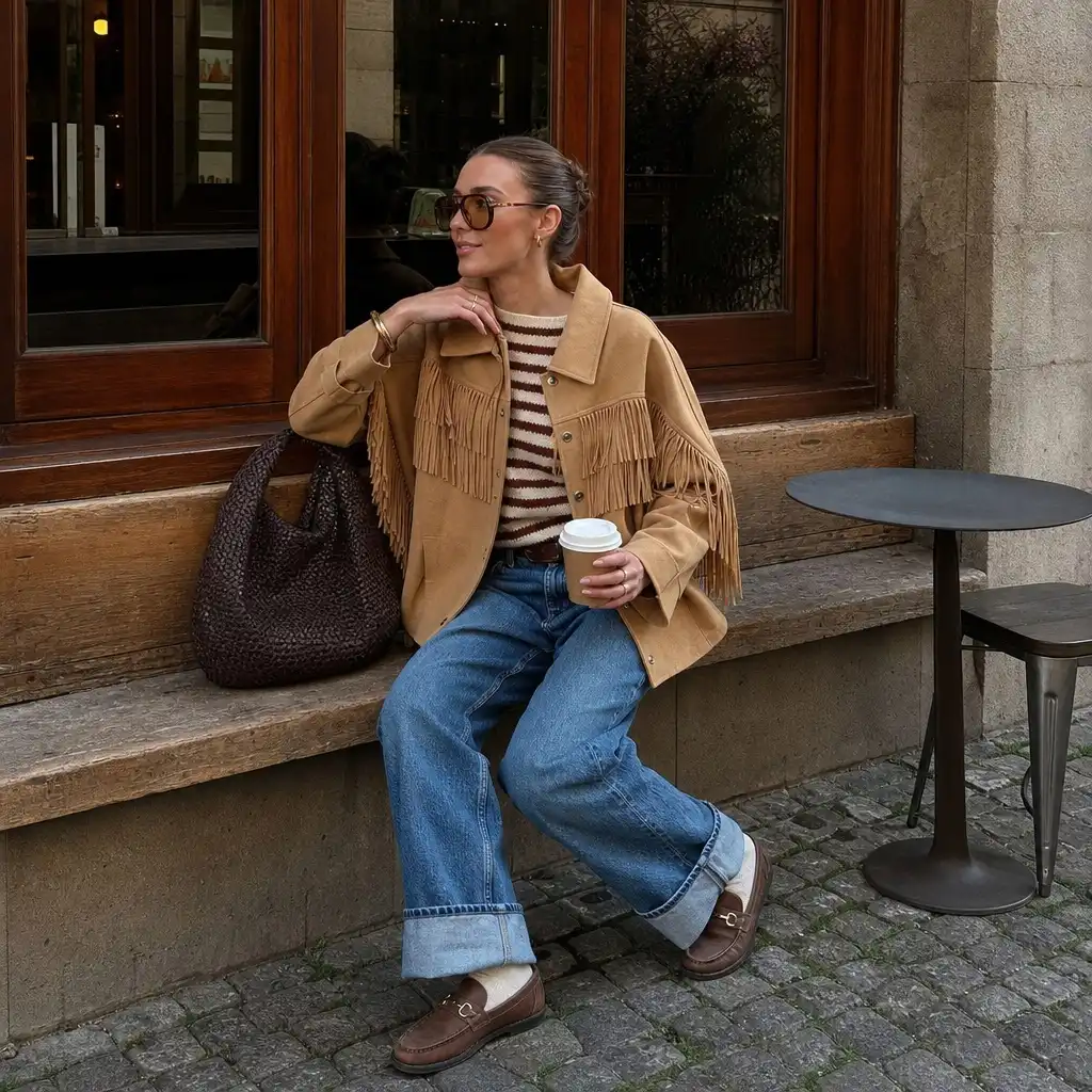 Tan fringe jacket with striped sweater and cuffed jeans
