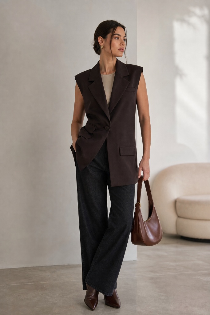 Dark brown sleeveless blazer vest over tee with black wide-leg jeans