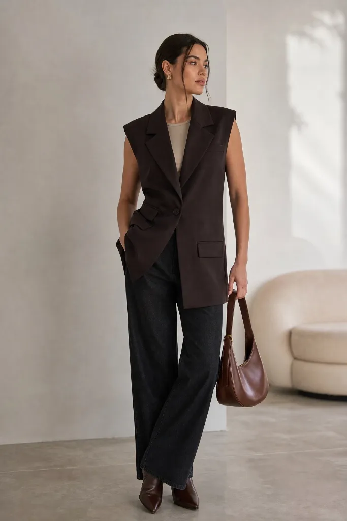 Dark brown sleeveless blazer vest over tee with black wide-leg jeans