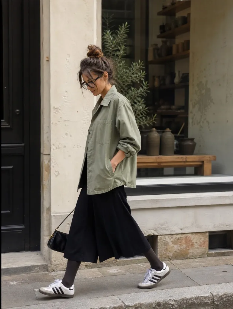 Fall outfit with sage green oversized jacket, black midi skirt, tights, and Adidas sneakers