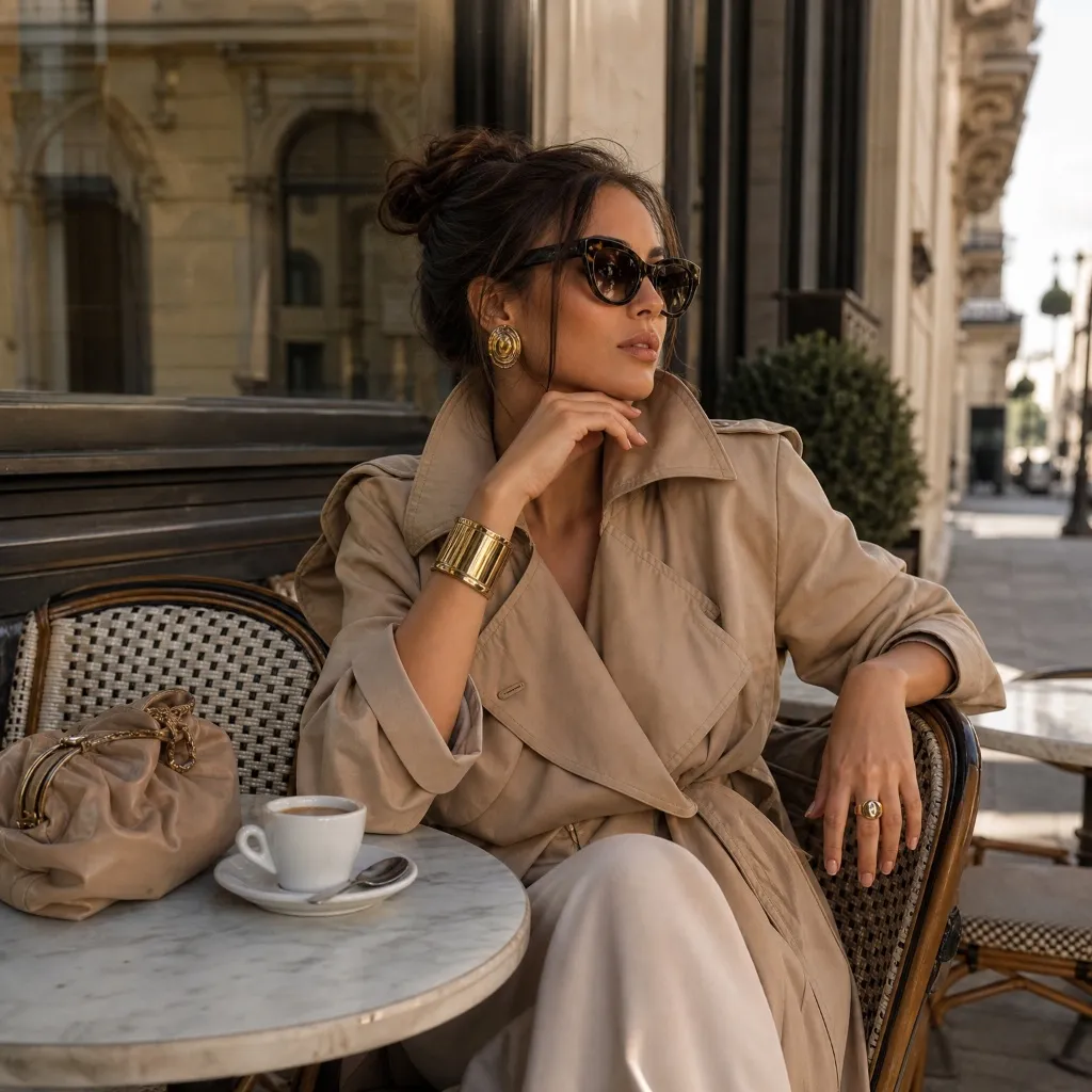 Beige trench coat with white pants, gold cuff bracelet, tortoiseshell sunglasses, and beige bag at Parisian café