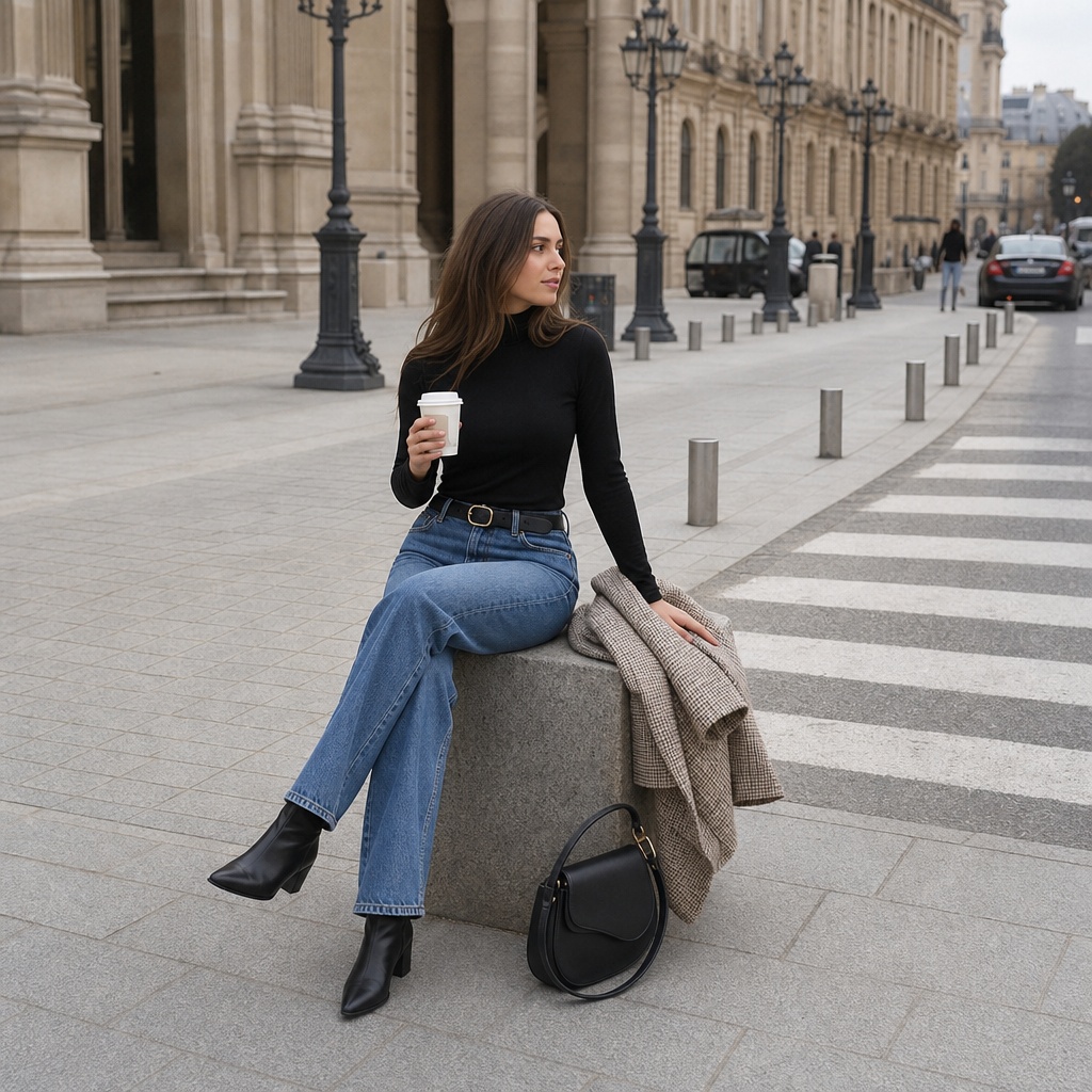 Black turtleneck with jeans and tweed coat in Paris