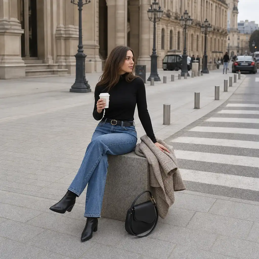 Black turtleneck with jeans and tweed coat in Paris