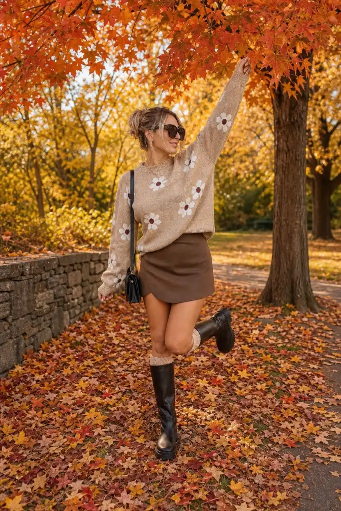 Daisy print sweater with brown skirt and black boots in fall foliage