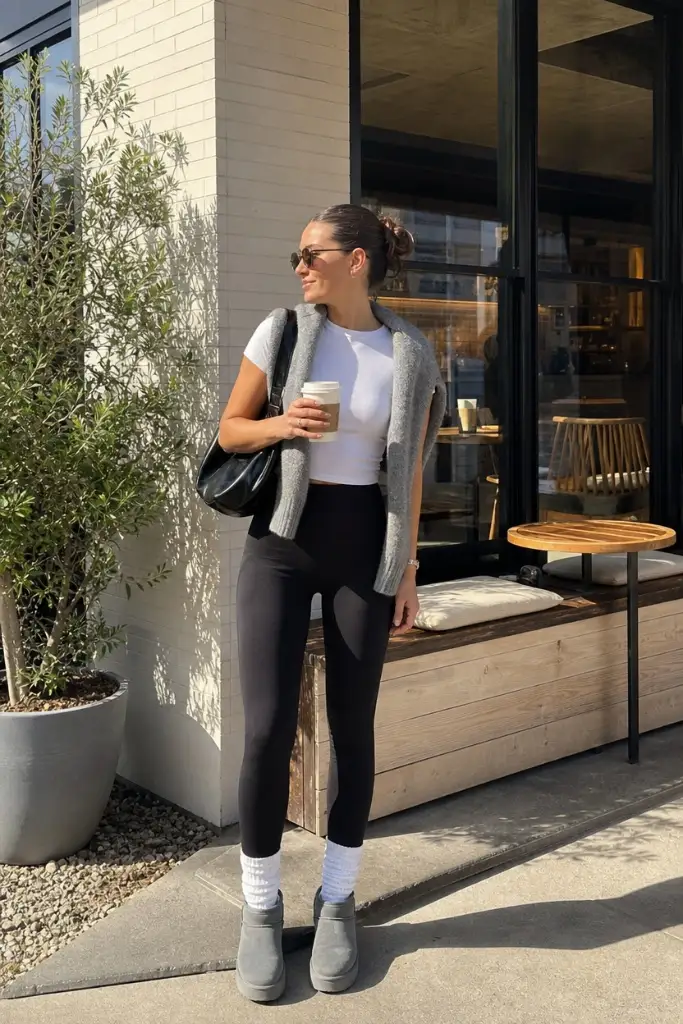 White crop top with grey knit vest, black leggings and grey platform clogs