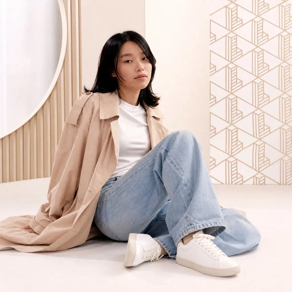 Beige trench coat with white tee, light jeans and white sneakers