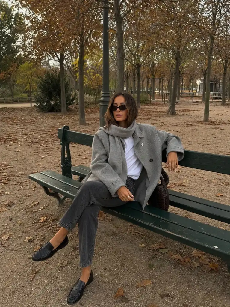 Grey oversized blazer with scarf, white tee, grey jeans, and black loafers