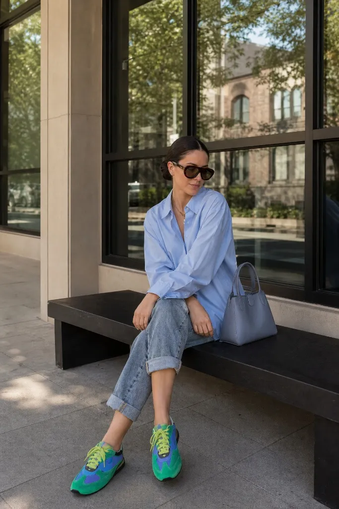 Light blue button shirt with cuffed jeans and green sneakers