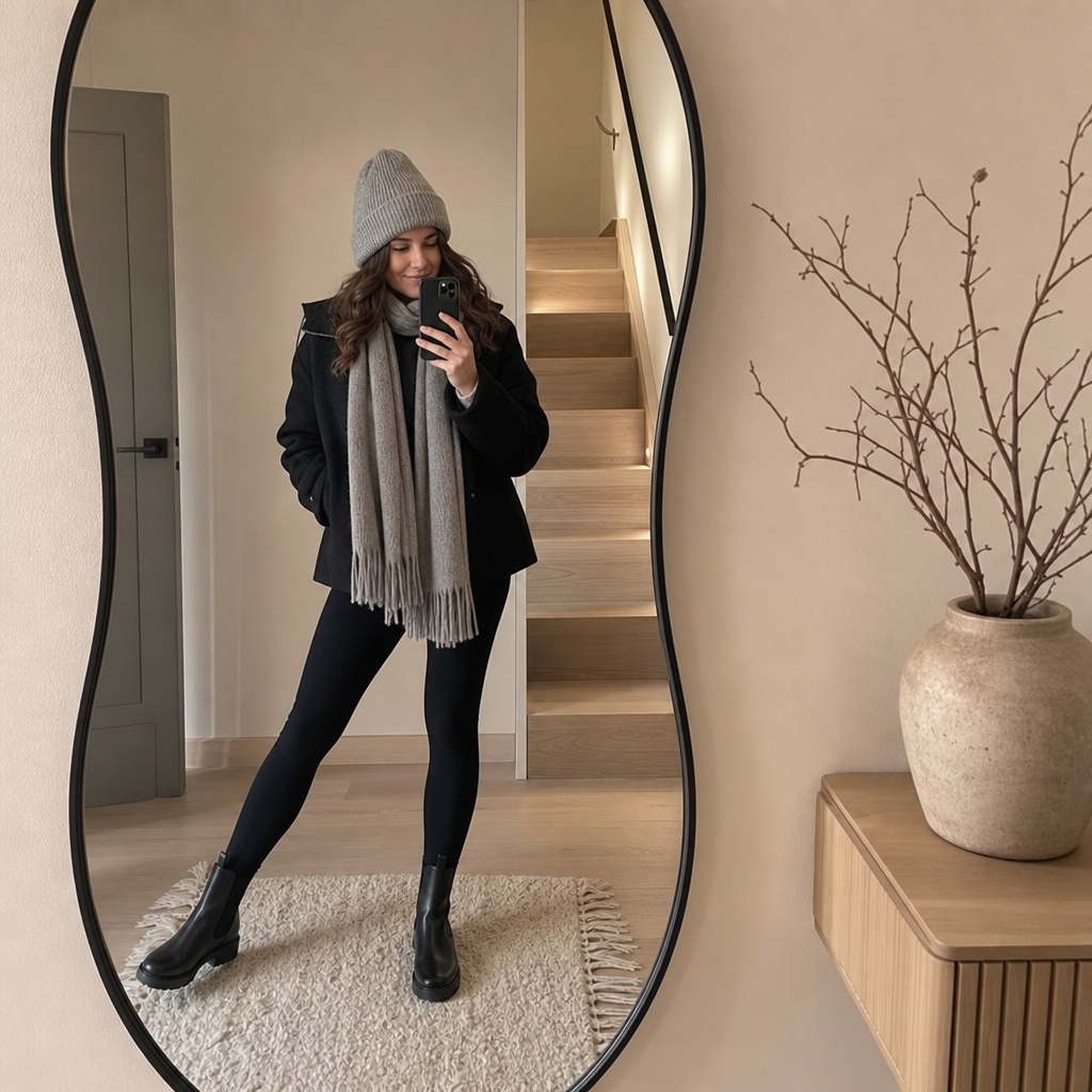 Black blazer with grey beanie and scarf, black leggings and black Chelsea boots