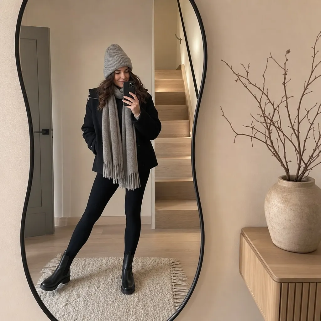 Black blazer with grey beanie and scarf, black leggings and black Chelsea boots