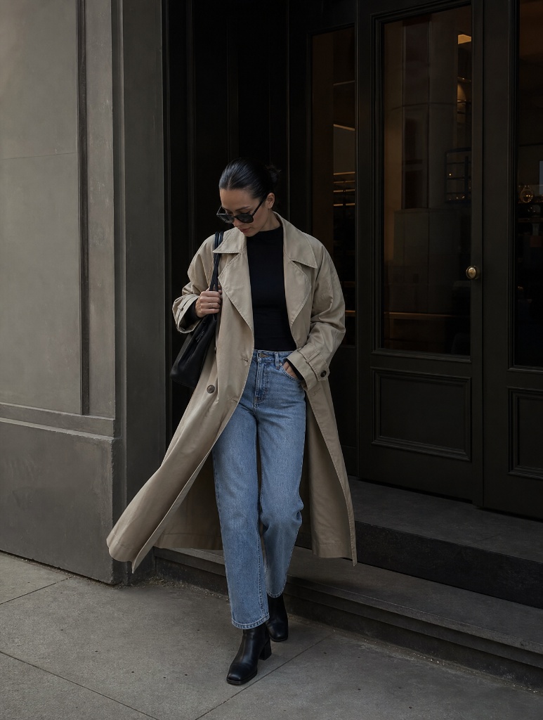 Beige trench coat with black top and straight jeans