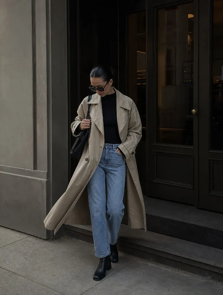 Beige trench coat with black top and straight jeans