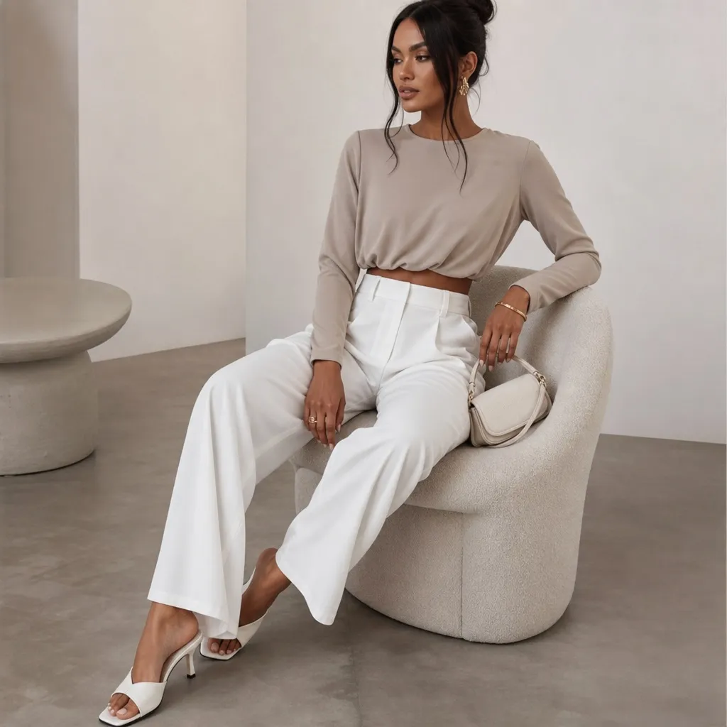 Taupe long-sleeve cropped top with white wide-leg pleated trousers and white heeled mules