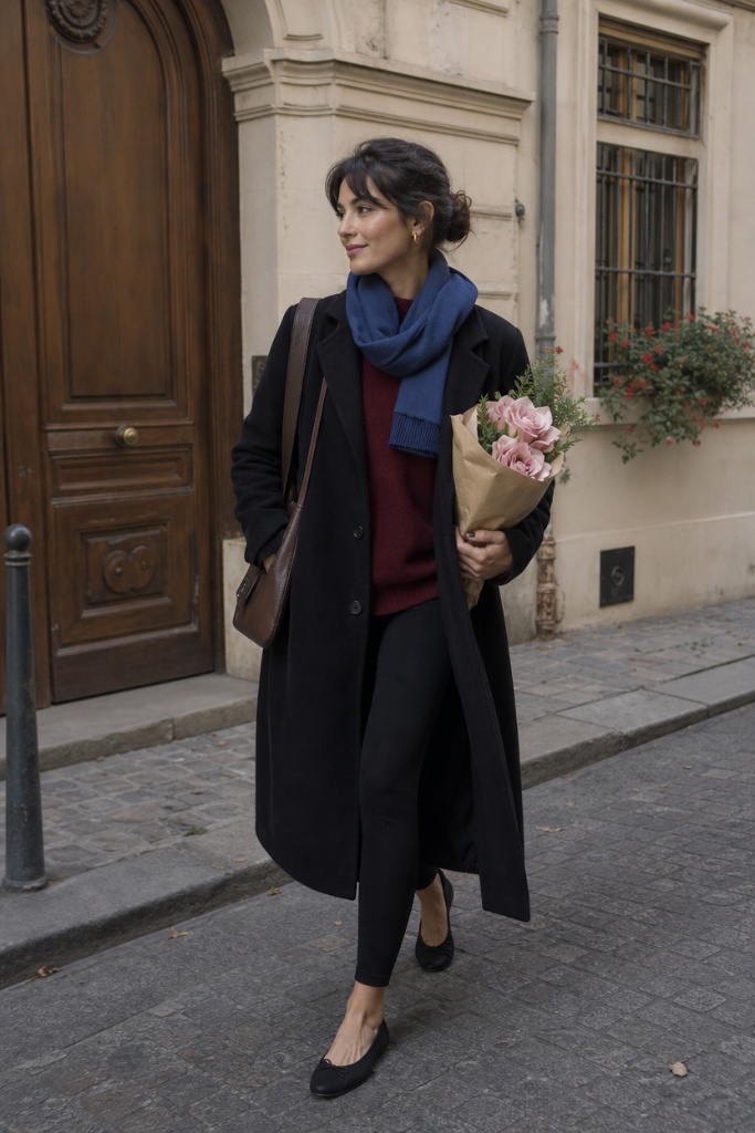 Black long coat with blue scarf, burgundy sweater, black leggings and ballet flats