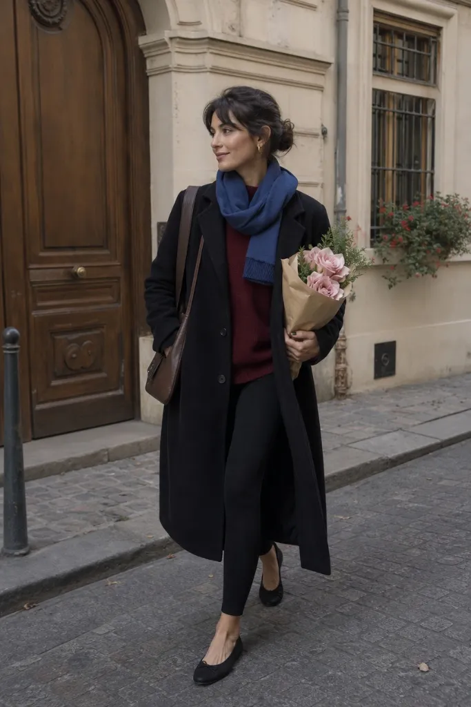 Black long coat with blue scarf, burgundy sweater, black leggings and ballet flats