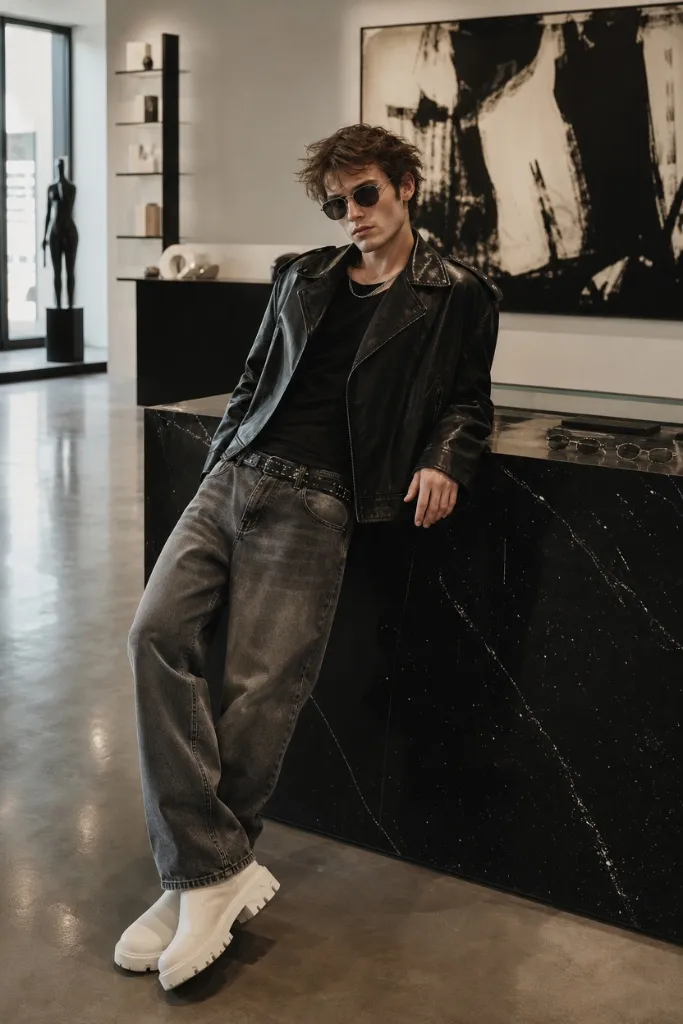 Edgy men's outfit with black leather biker jacket, grey jeans, and white chunky boots