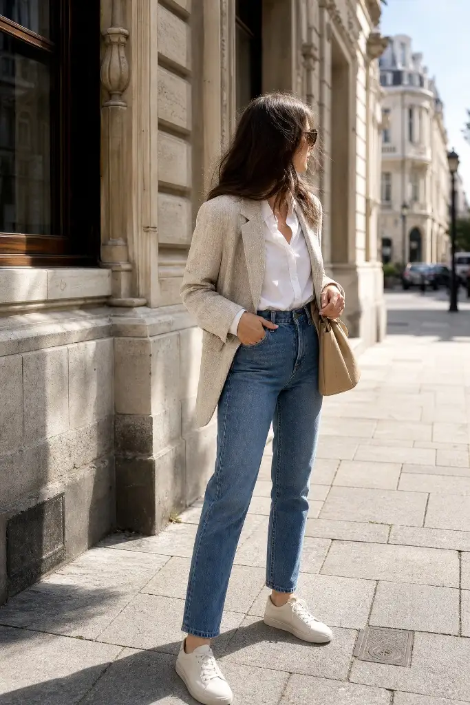 Beige linen blazer with white shirt, straight jeans and white sneakers
