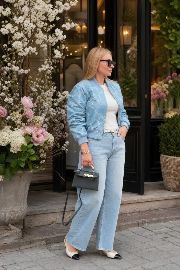Light denim bomber jacket with white tee and wide jeans