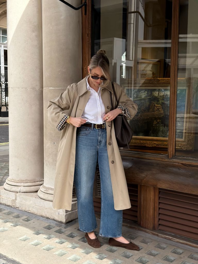 Trench coat with jeans and white shirt