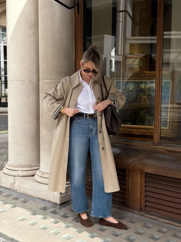 Trench coat with jeans and white shirt