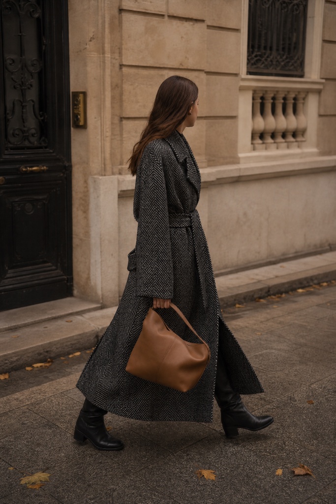 Woman walking in long herringbone tweed coat with brown leather tote and black boots