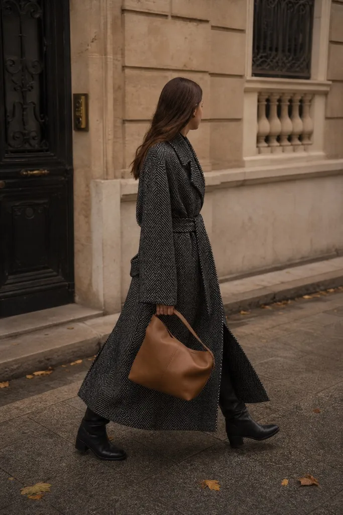 Woman walking in long herringbone tweed coat with brown leather tote and black boots