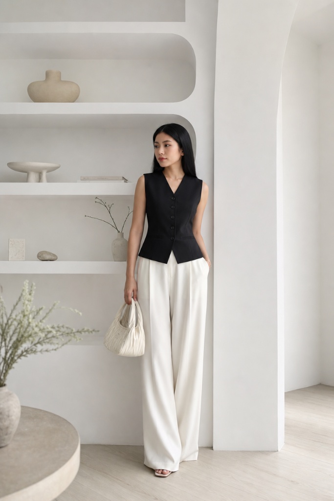 Black tailored vest with white wide-leg trousers and pleated white bag