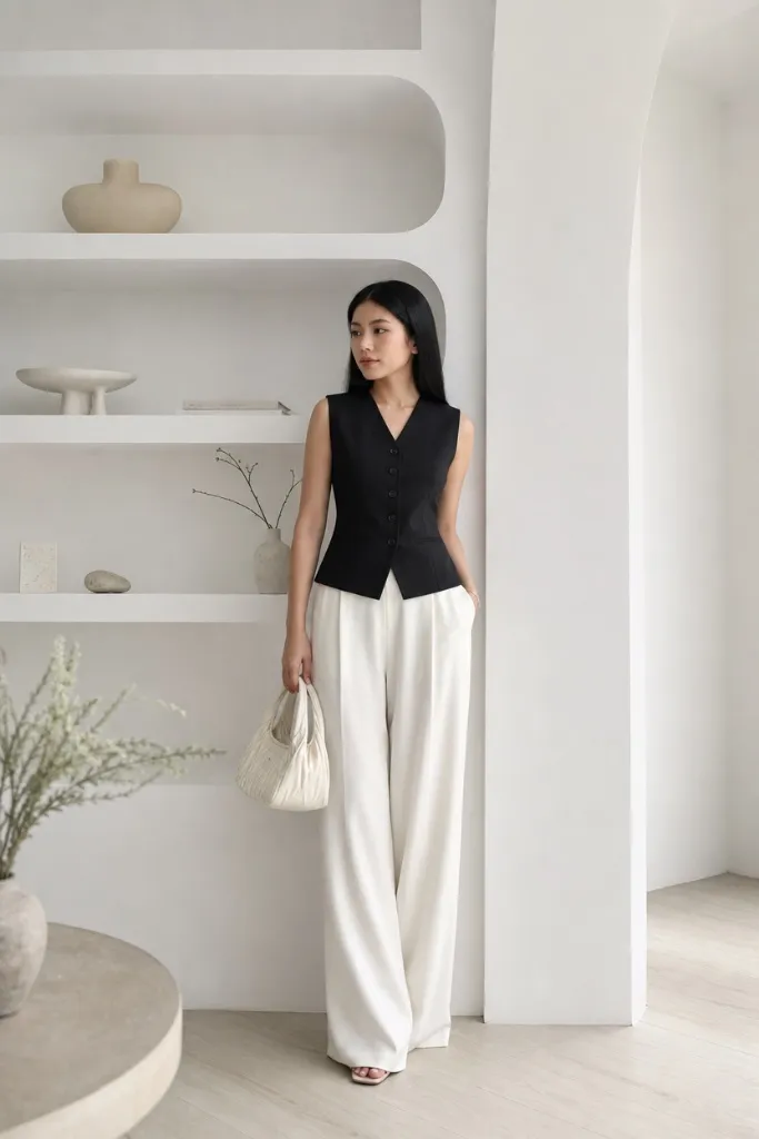 Black tailored vest with white wide-leg trousers and pleated white bag