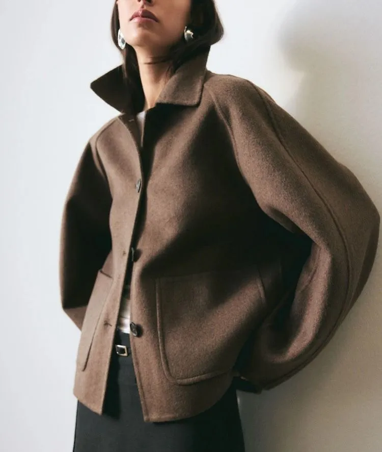 Brown boxy wool jacket closeup