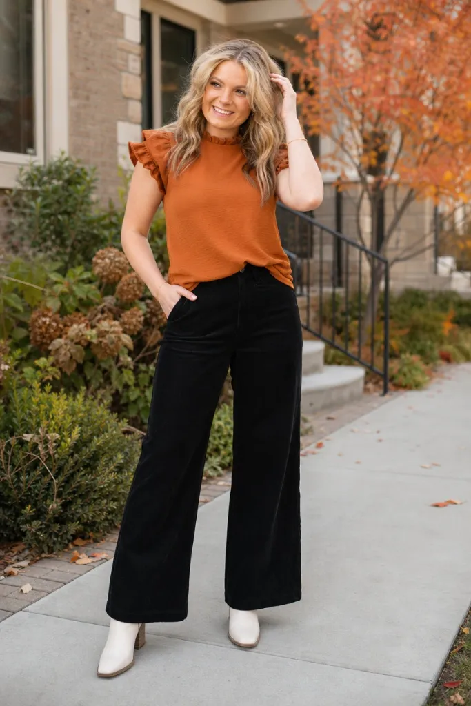 Rust ruffle-sleeve top with black wide-leg jeans and white boots