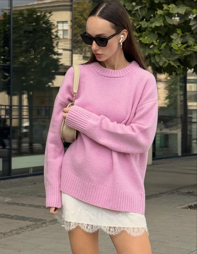 Pink oversized sweater with white lace skirt