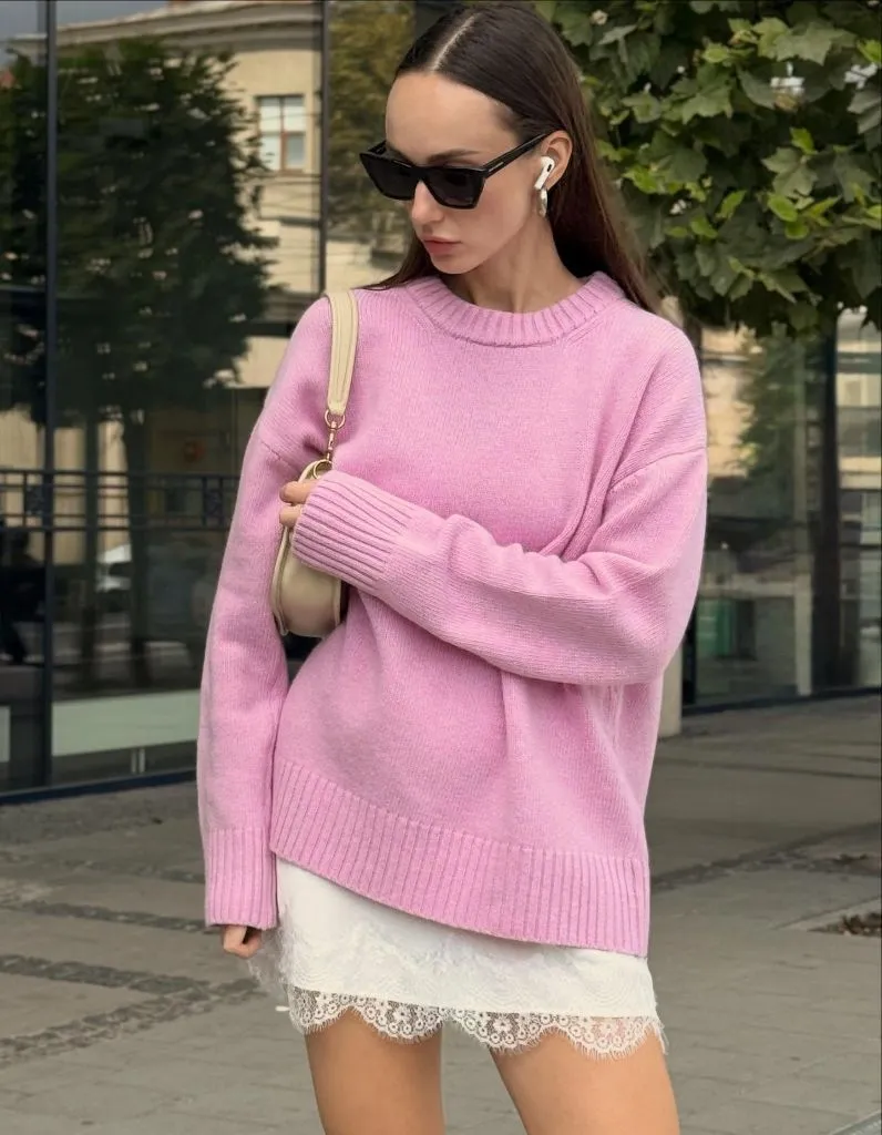 Pink oversized sweater with white lace skirt