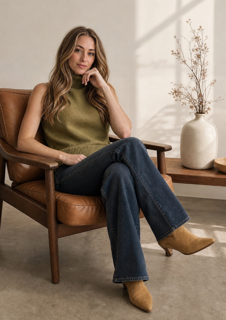 Olive green sleeveless turtleneck with dark jeans and suede ankle boots