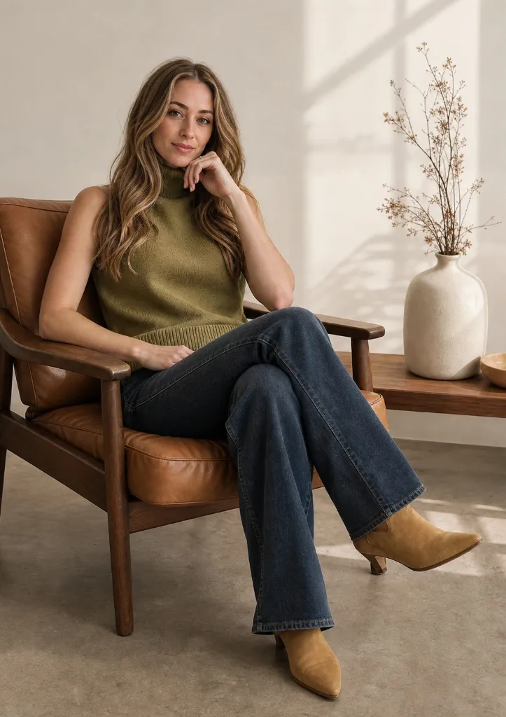 Olive green sleeveless turtleneck with dark jeans and suede ankle boots