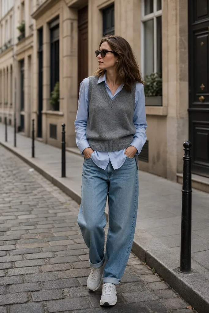 Grey V-neck sweater vest over light blue button-down shirt with light wash baggy jeans and grey sneakers on Paris cobblestone street