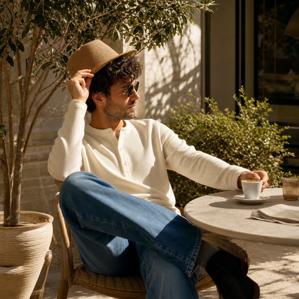 Relaxed men's fall outfit with cream henley, blue jeans, straw hat, and sunglasses at an outdoor café