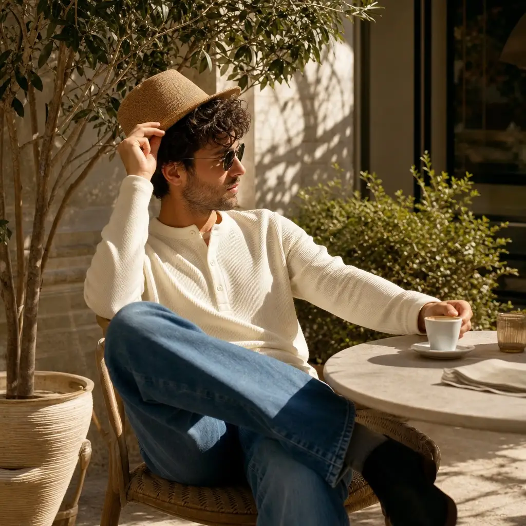 Relaxed men's fall outfit with cream henley, blue jeans, straw hat, and sunglasses at an outdoor café