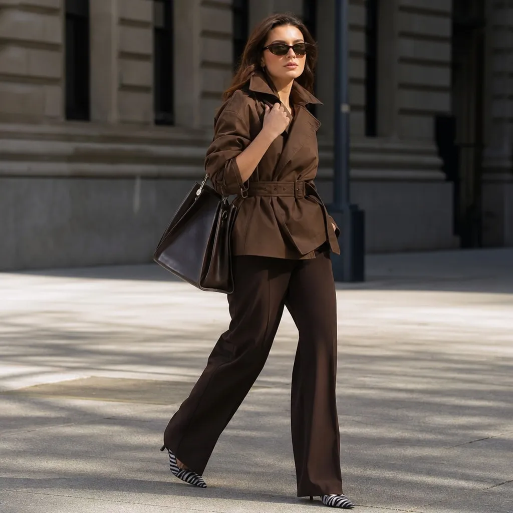 Chocolate brown belted trench coat with wide-leg trousers and zebra heels