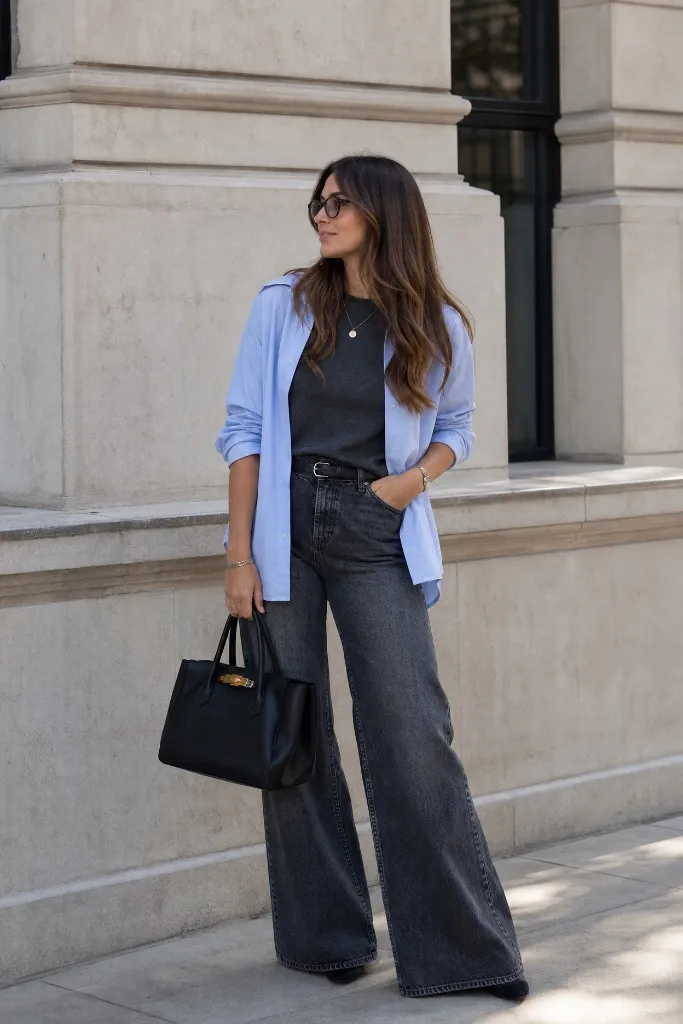 Light blue open button-down shirt over dark tee with wide-leg charcoal jeans and black structured bag
