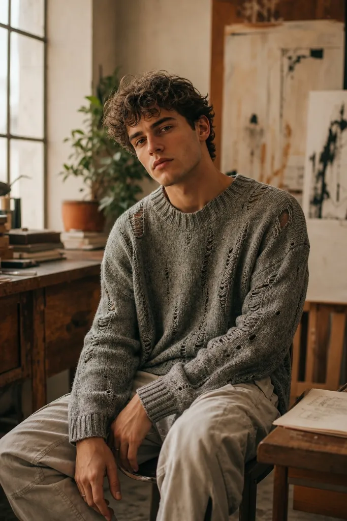 Artistic men's style with grey distressed knit sweater and light beige trousers in a studio setting