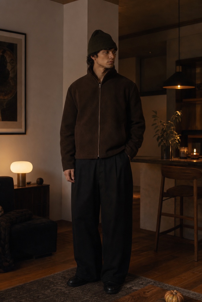 Warm toned men's fall outfit with brown zip fleece jacket, olive beanie, and black wide-leg trousers in a cozy interior
