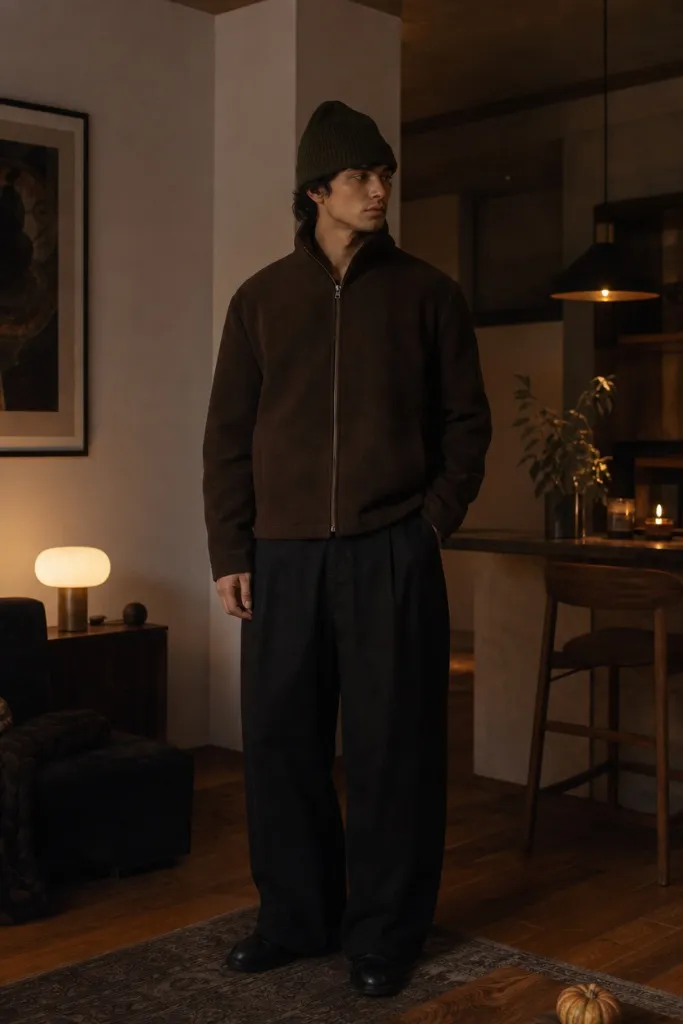 Warm toned men's fall outfit with brown zip fleece jacket, olive beanie, and black wide-leg trousers in a cozy interior