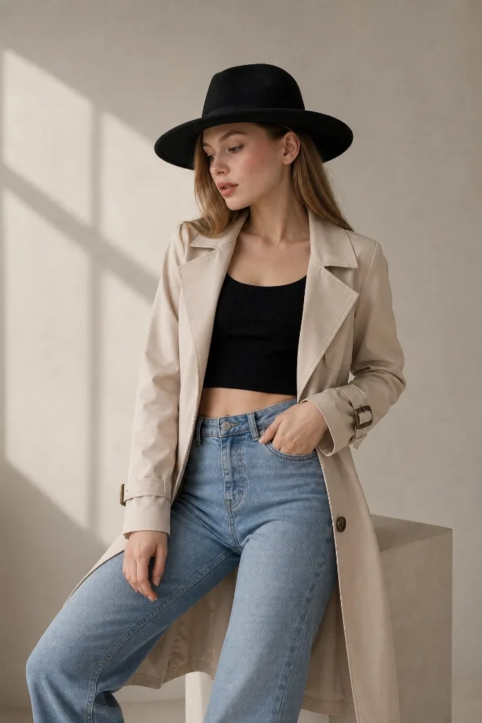 Black hat with beige trench, black crop top and light jeans