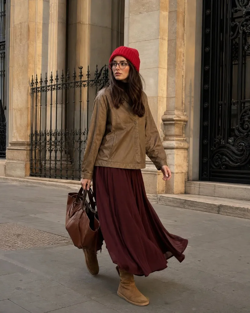 Burgundy maxi skirt with tan leather jacket and red beanie