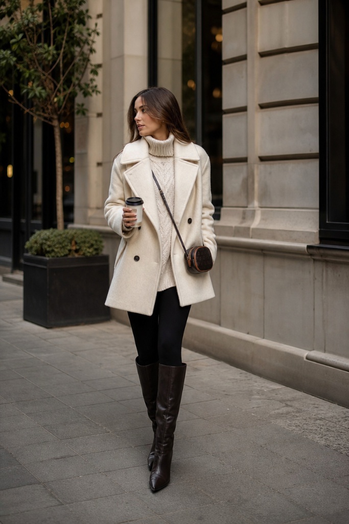 Cream peacoat with cable knit sweater and tall boots