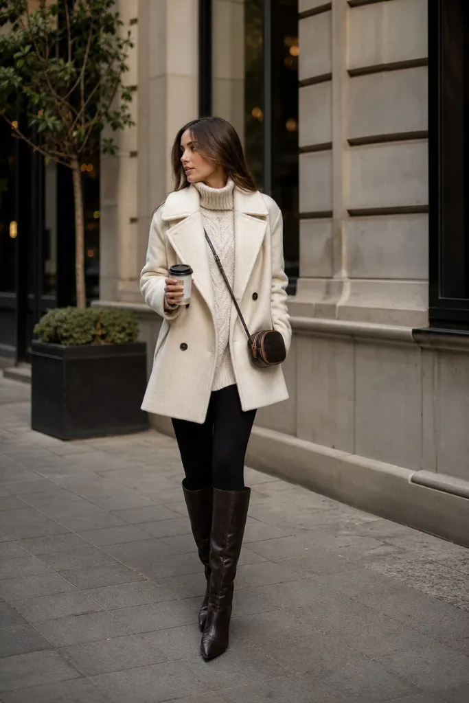 Cream peacoat with cable knit sweater and tall boots