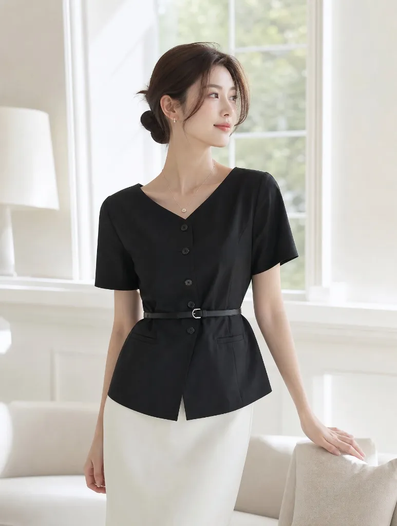 Black short-sleeve button-front peplum top with a thin belt and a cream pencil skirt